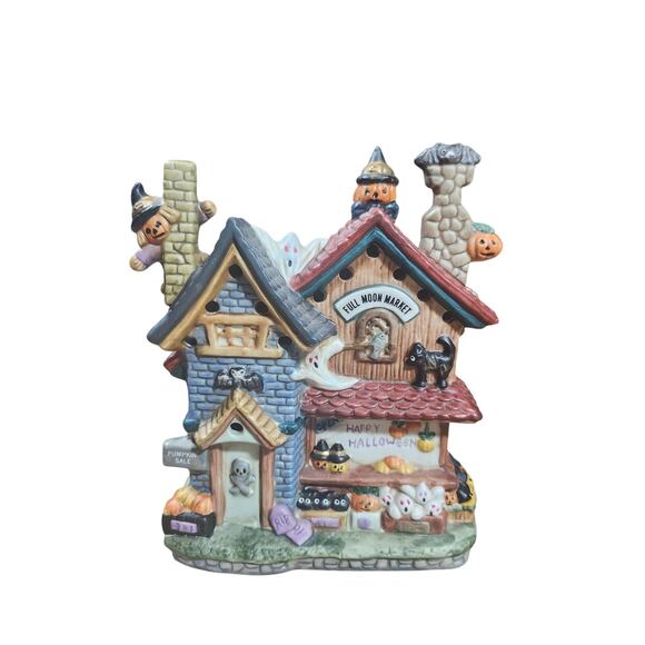 Hand Painted Lighted Ghoulville House Halloween Village Porcelain Figurines - Picture 3 of 10